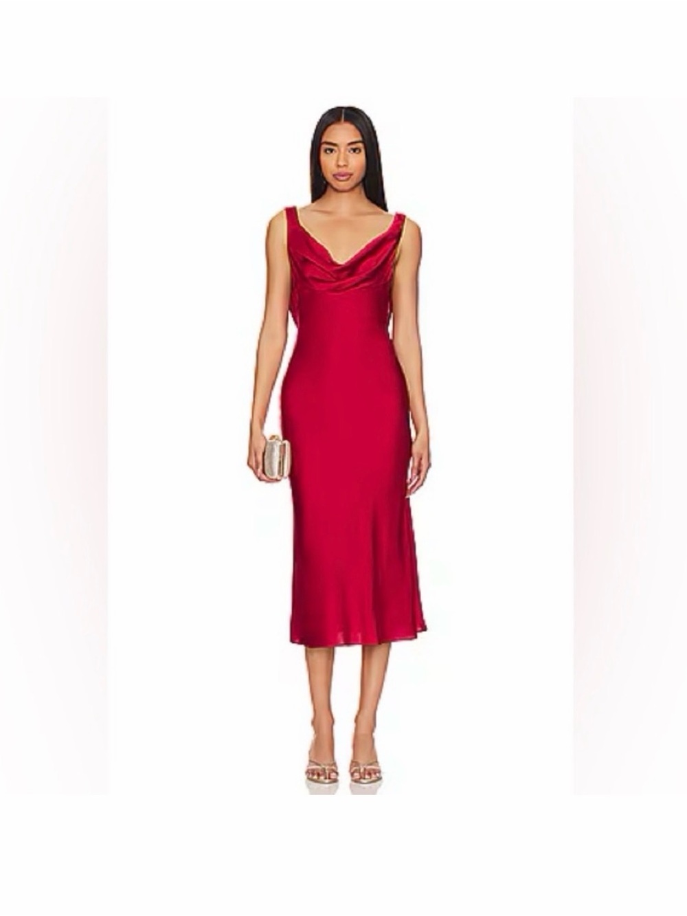 REVOLVE Red Cowl-Front Backless Satin Midi Dress
